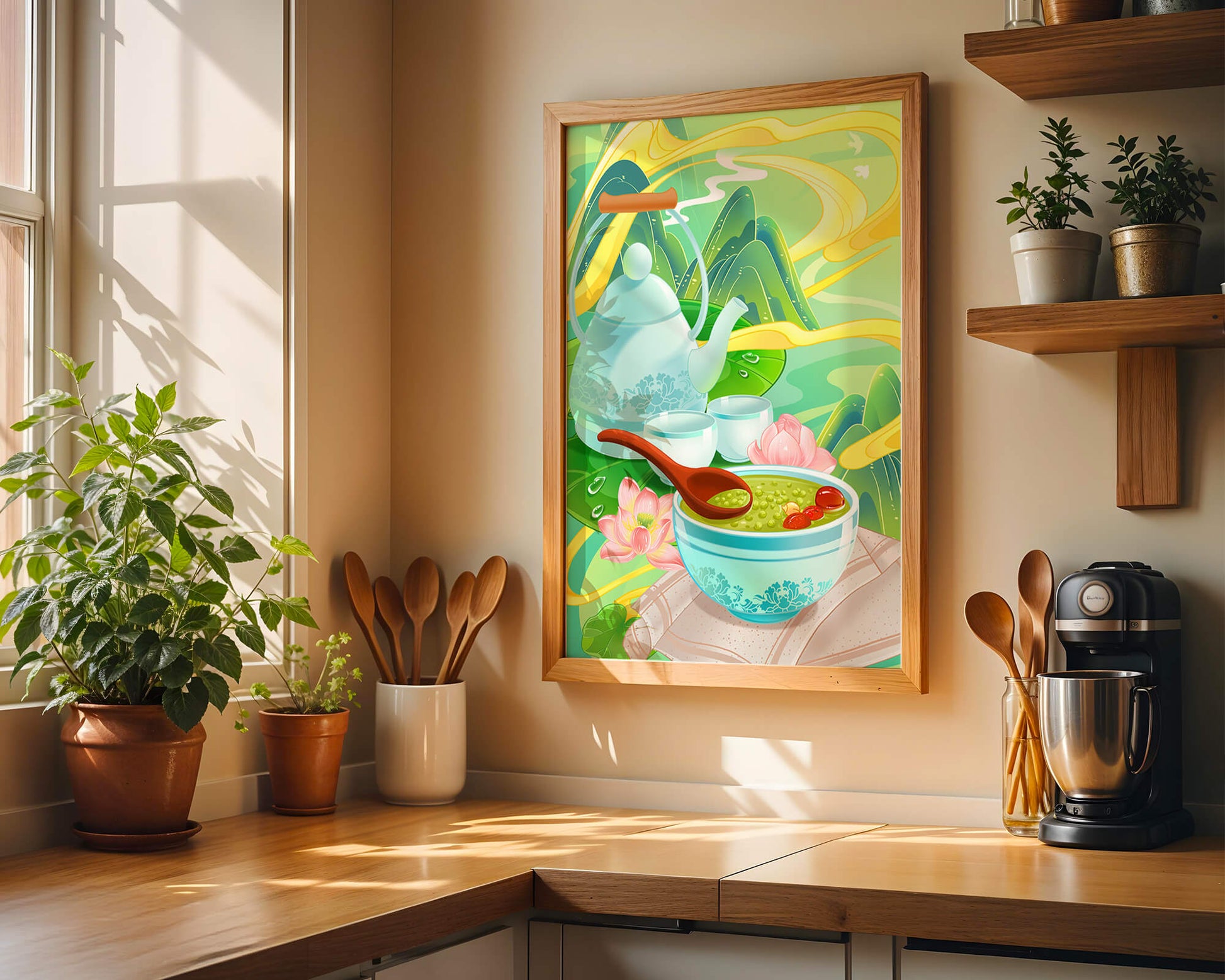 Ceremonia del té con tetera y cuencos de té en medio de un paisaje natural.