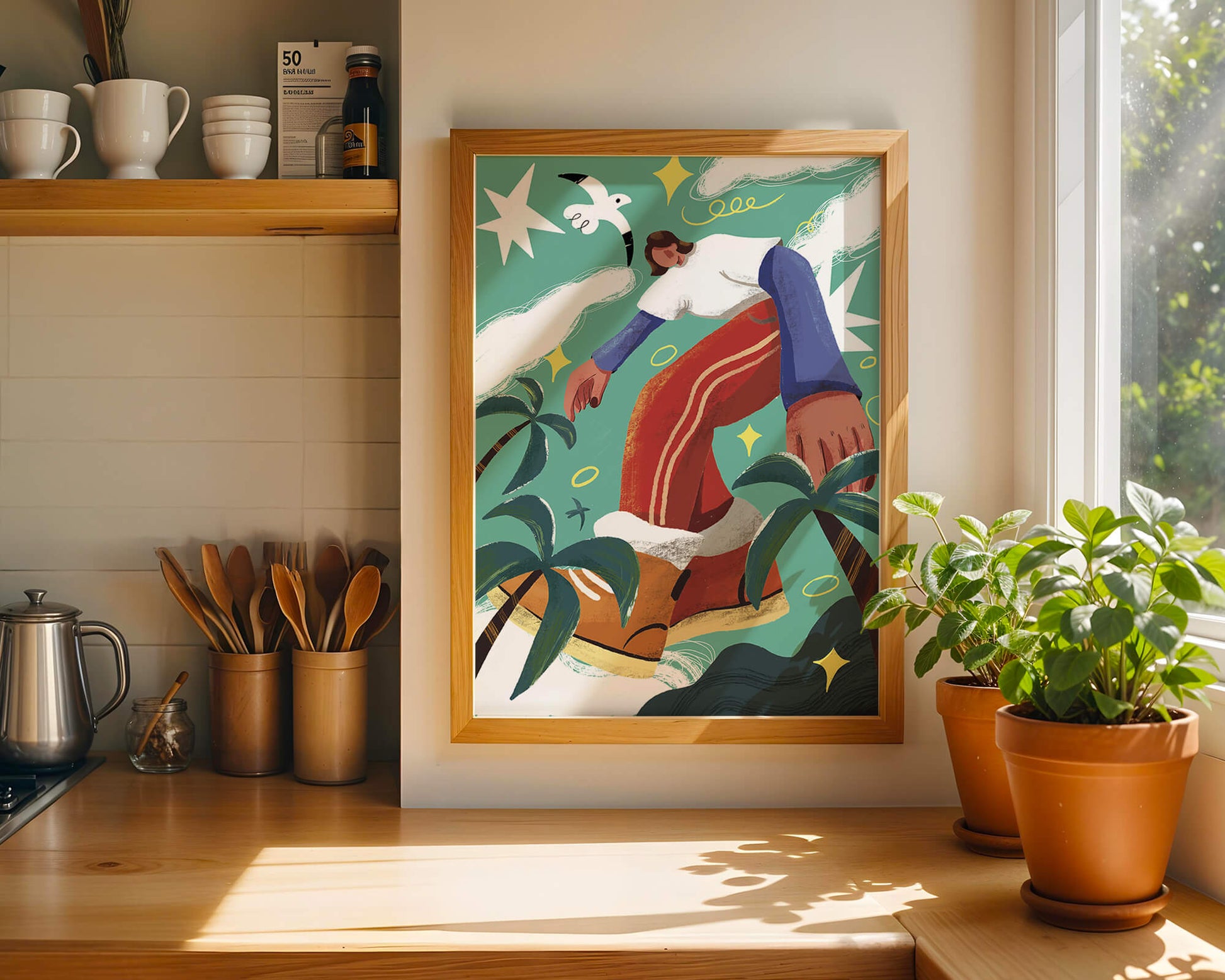 Colorful Abstract Surreal Landscape with Giant Figure and Nature Elements