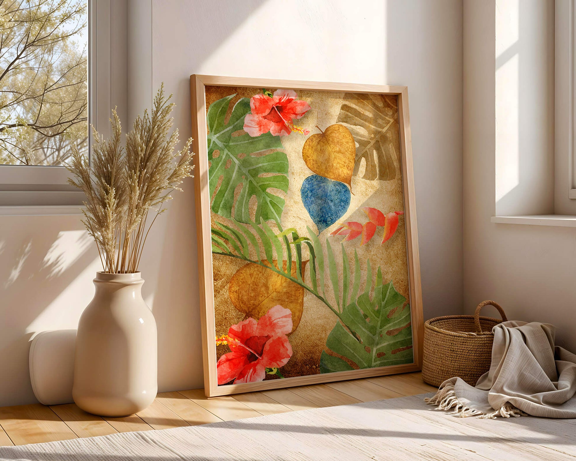 Vibrant tropical leaves and flowers watercolor design