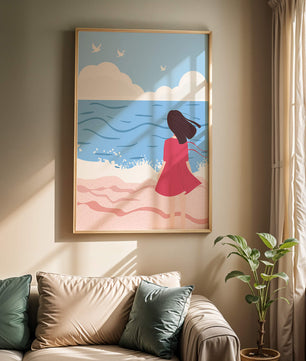 Serene seaside illustration with a girl in a pink dress gazing at the ocean