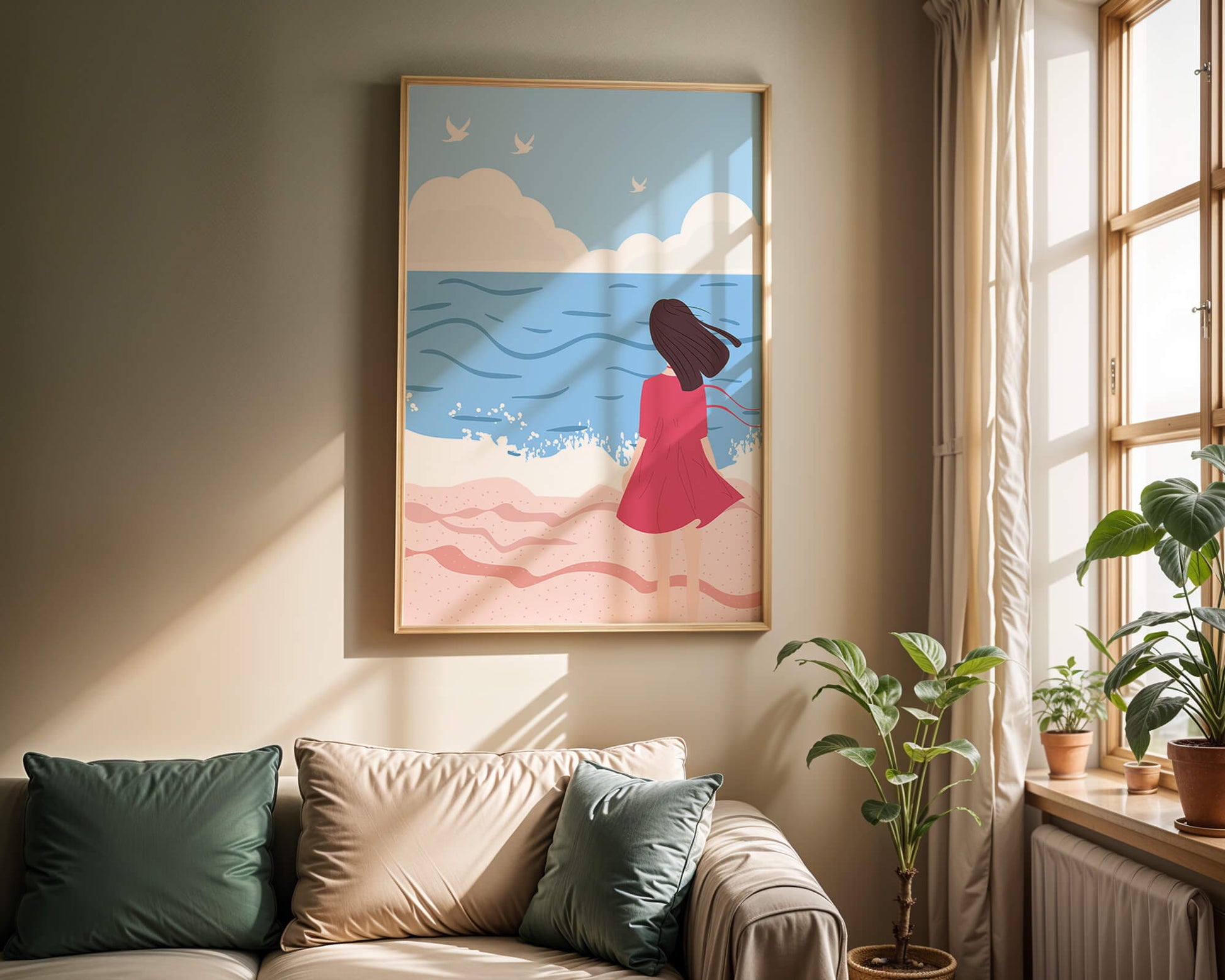 Serene seaside illustration with a girl in a pink dress gazing at the ocean