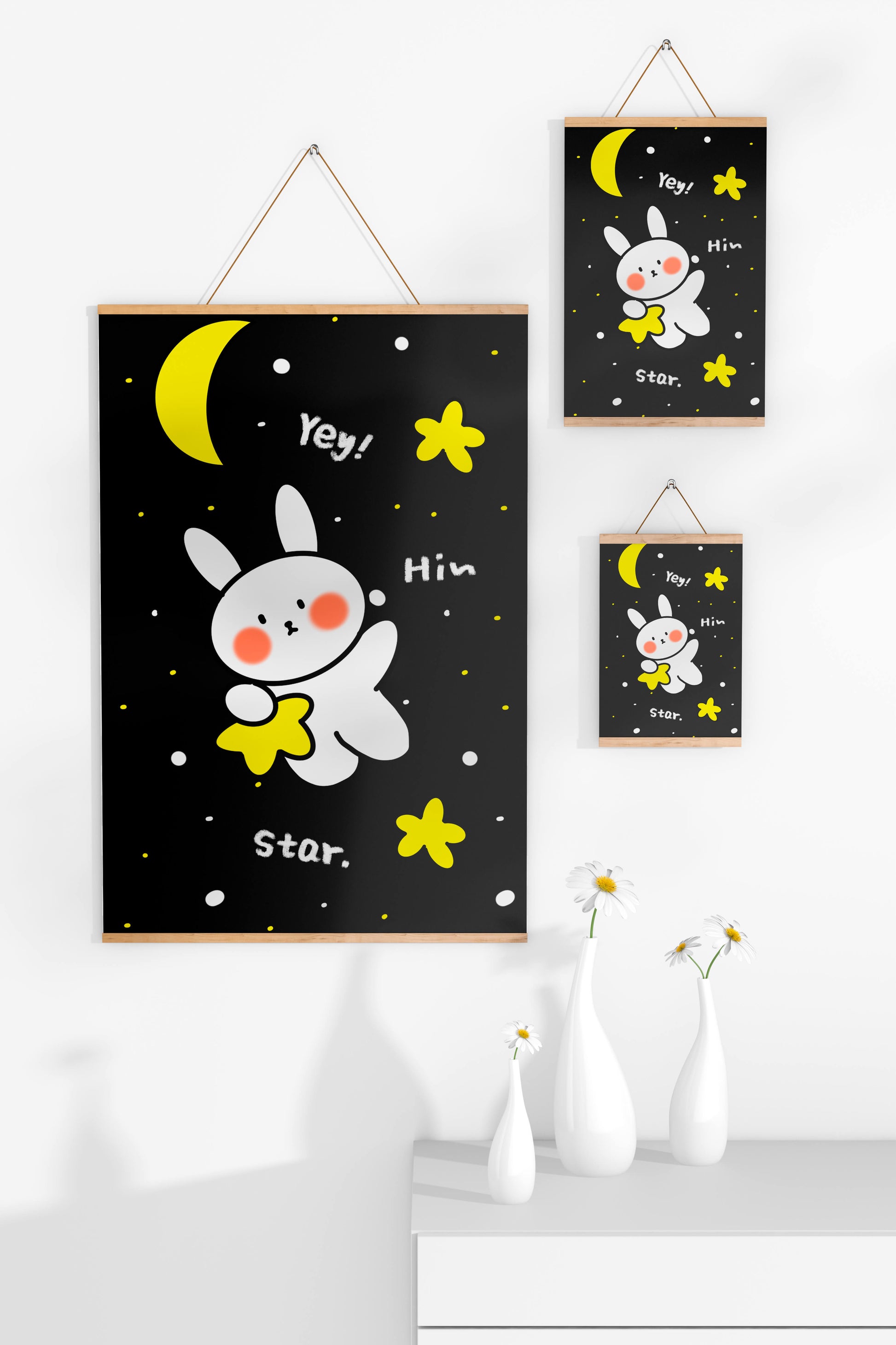 Adorable bunny with stars and moon on a night sky background
