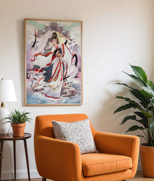 Elegant Asian Artistry with a Crane and Traditional Attire