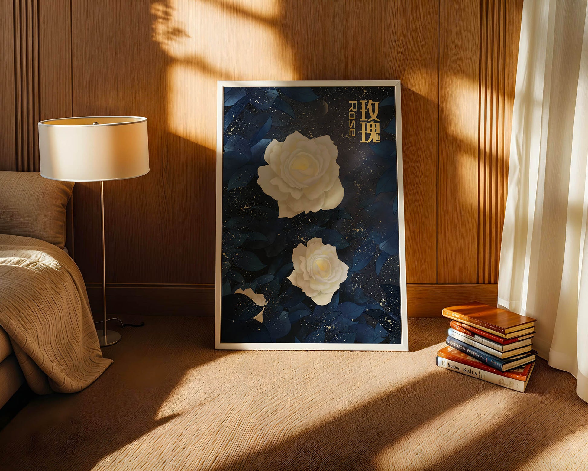 Elegant white roses on a celestial night background with deep blue leaves