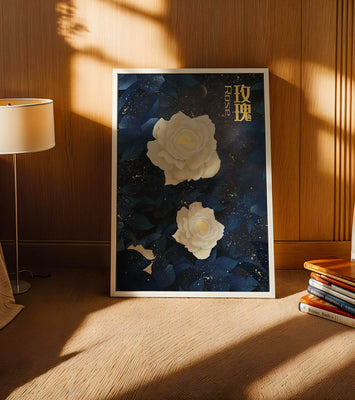 Elegant white roses on a celestial night background with deep blue leaves