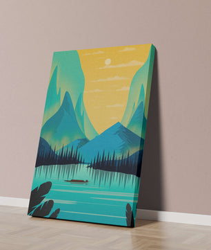 Serene lake landscape with mountains and sunset