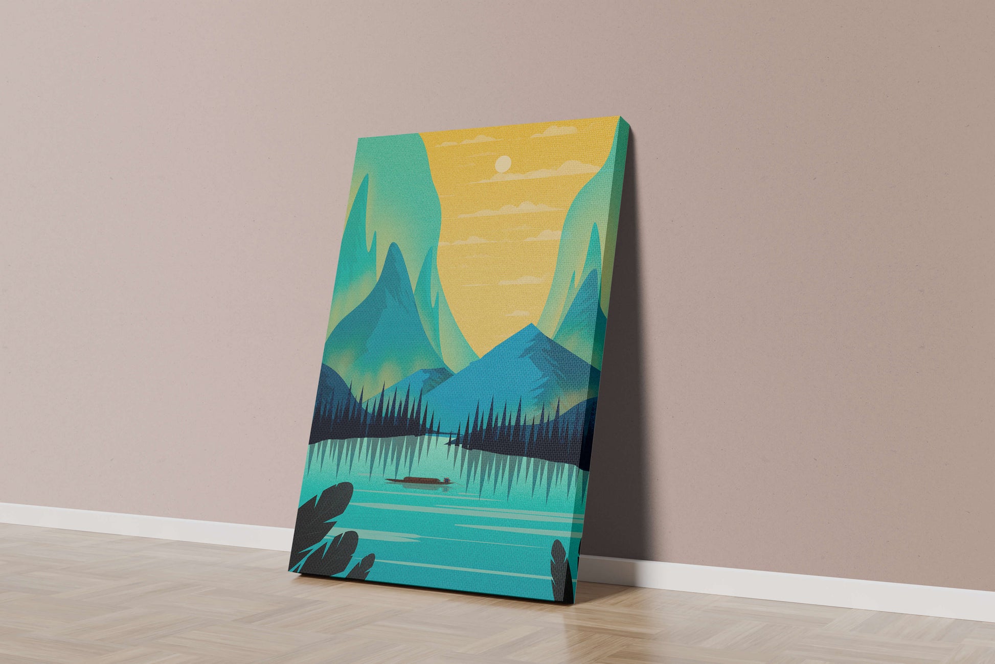 Serene lake landscape with mountains and sunset