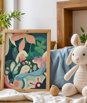 Abstract botanical artwork with vibrant colors and natural elements
