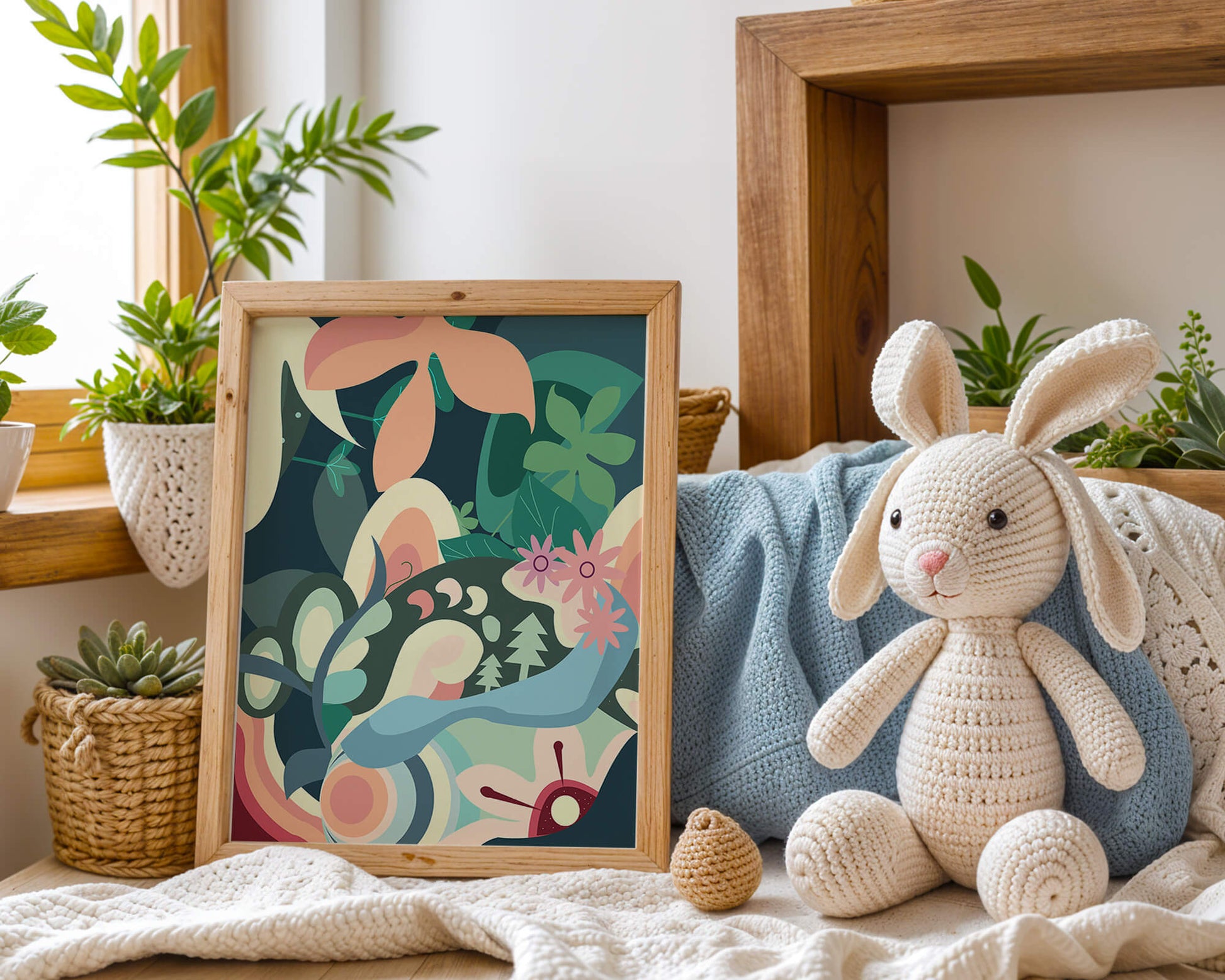 Abstract botanical artwork with vibrant colors and natural elements