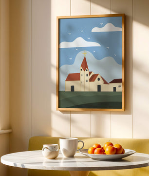 Idyllic Church Landscape with Golden Cross and Blue Sky