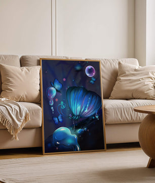 Illuminated Blue Butterflies with Glowing Bubbles in Enchanted Darkness