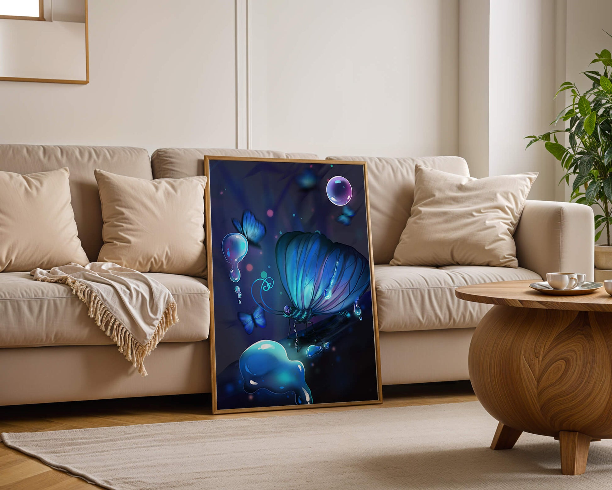 Illuminated Blue Butterflies with Glowing Bubbles in Enchanted Darkness