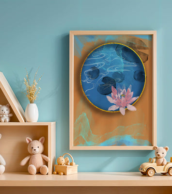 Abstract water lily art with gold accents on blue and orange background