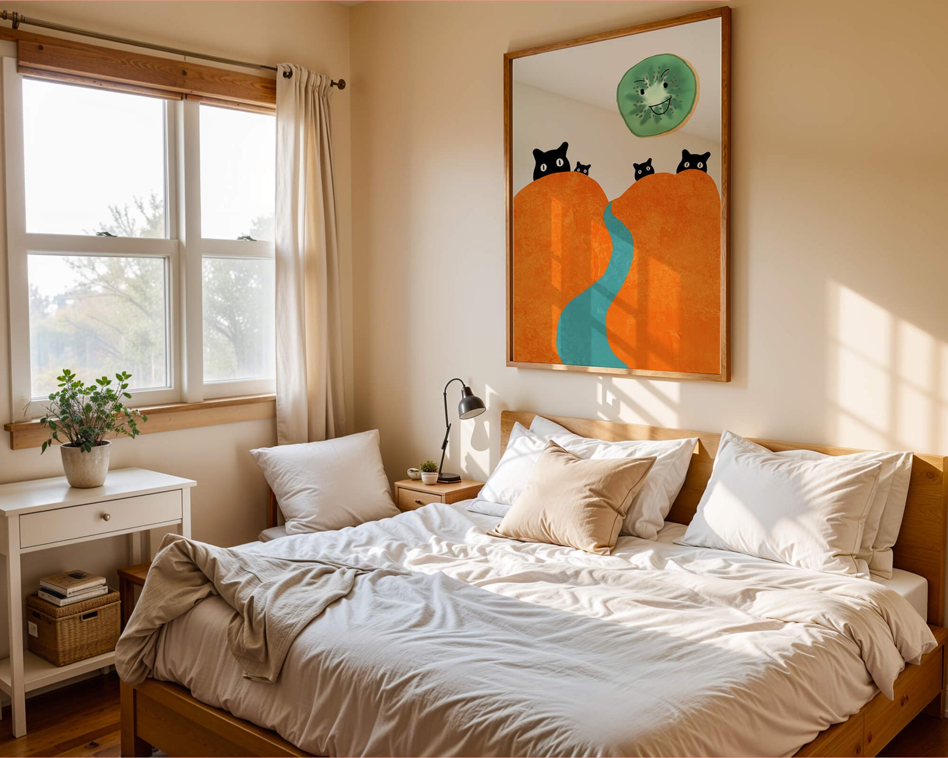 Playful Cats and Smiling Kiwi in Vibrant Hills