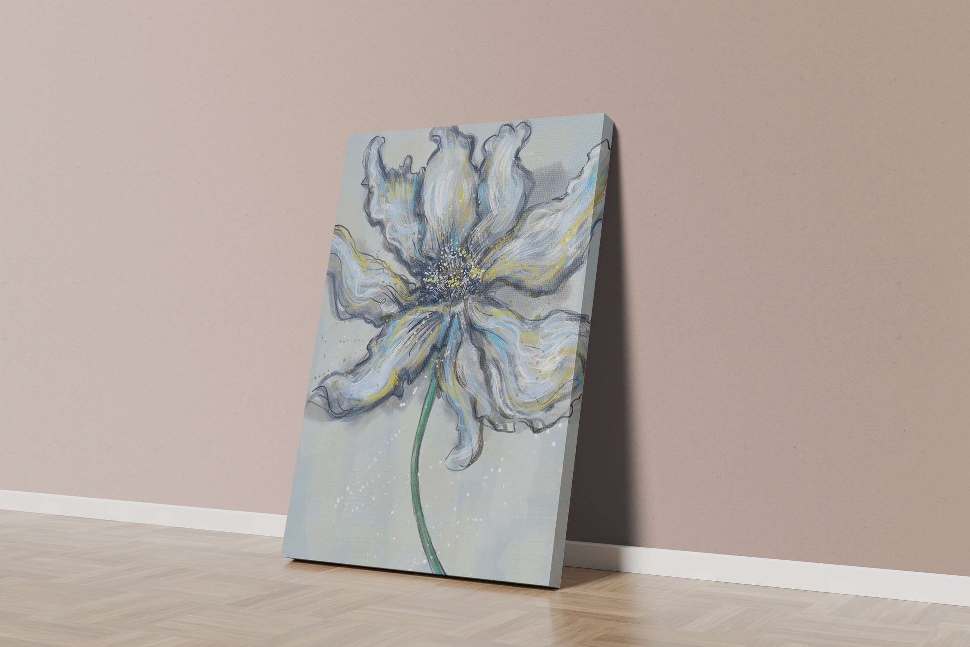 Elegant blue and green abstract floral artwork with flowing lines