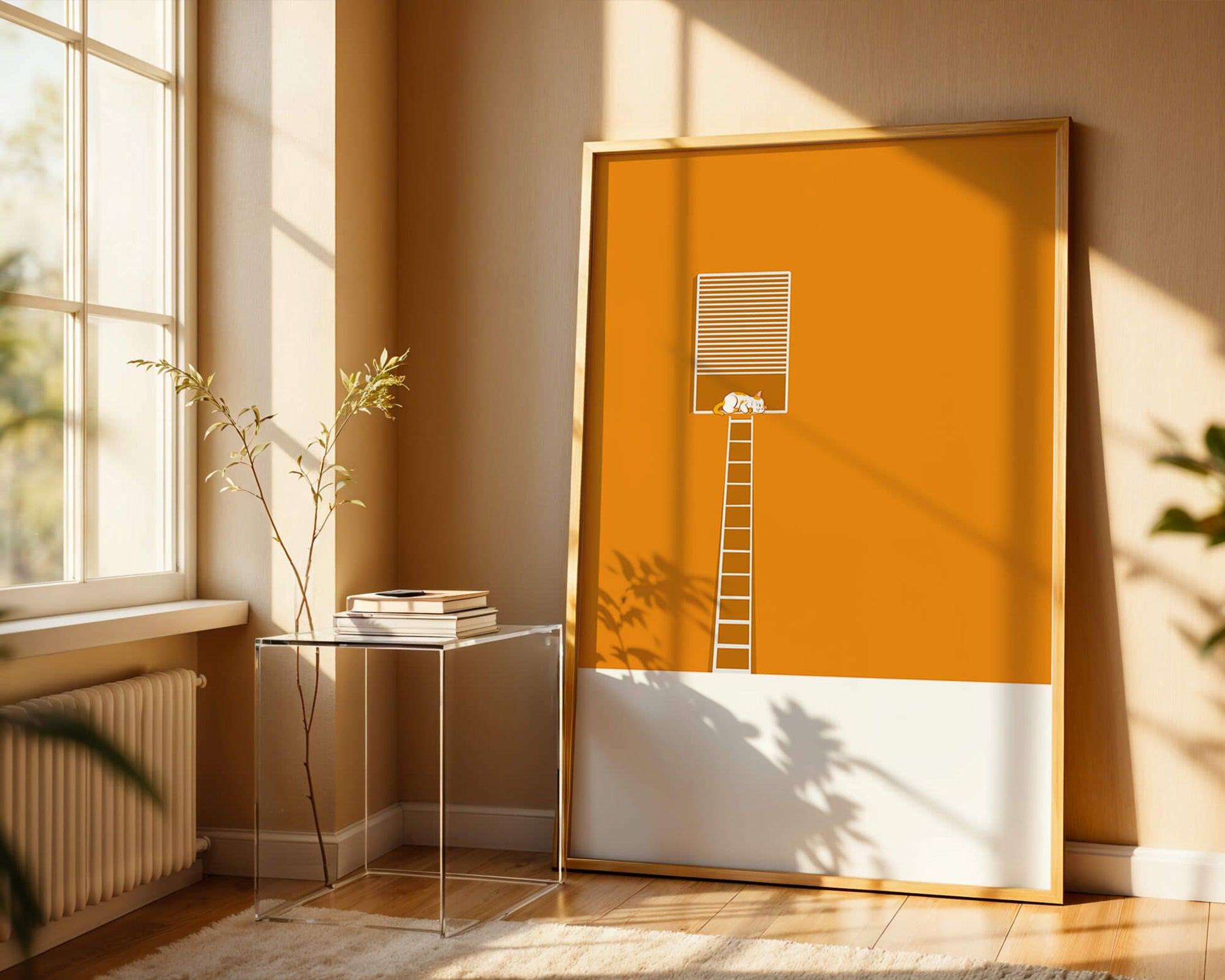 Cat Sleeping on Elevated Platform Against Orange Background