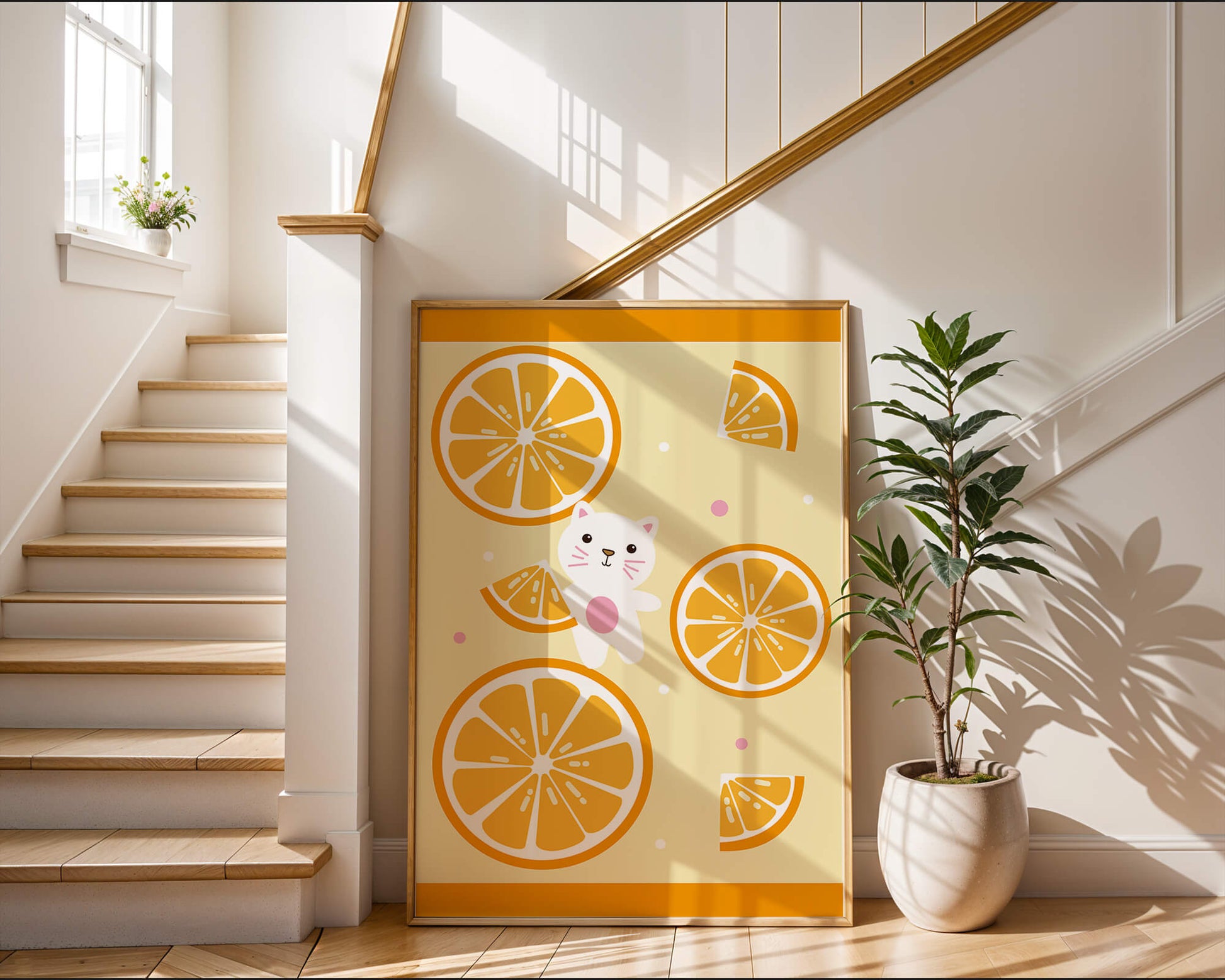 Illustration of a playful cat with orange slices on a colorful background