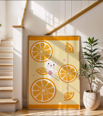 Illustration of a playful cat with orange slices on a colorful background