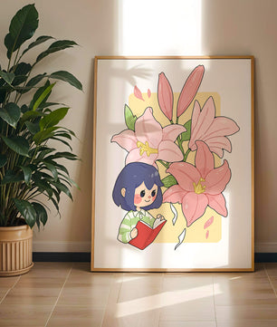 Illustration d'une fille lisant avec de grands lys roses en arrière-plan