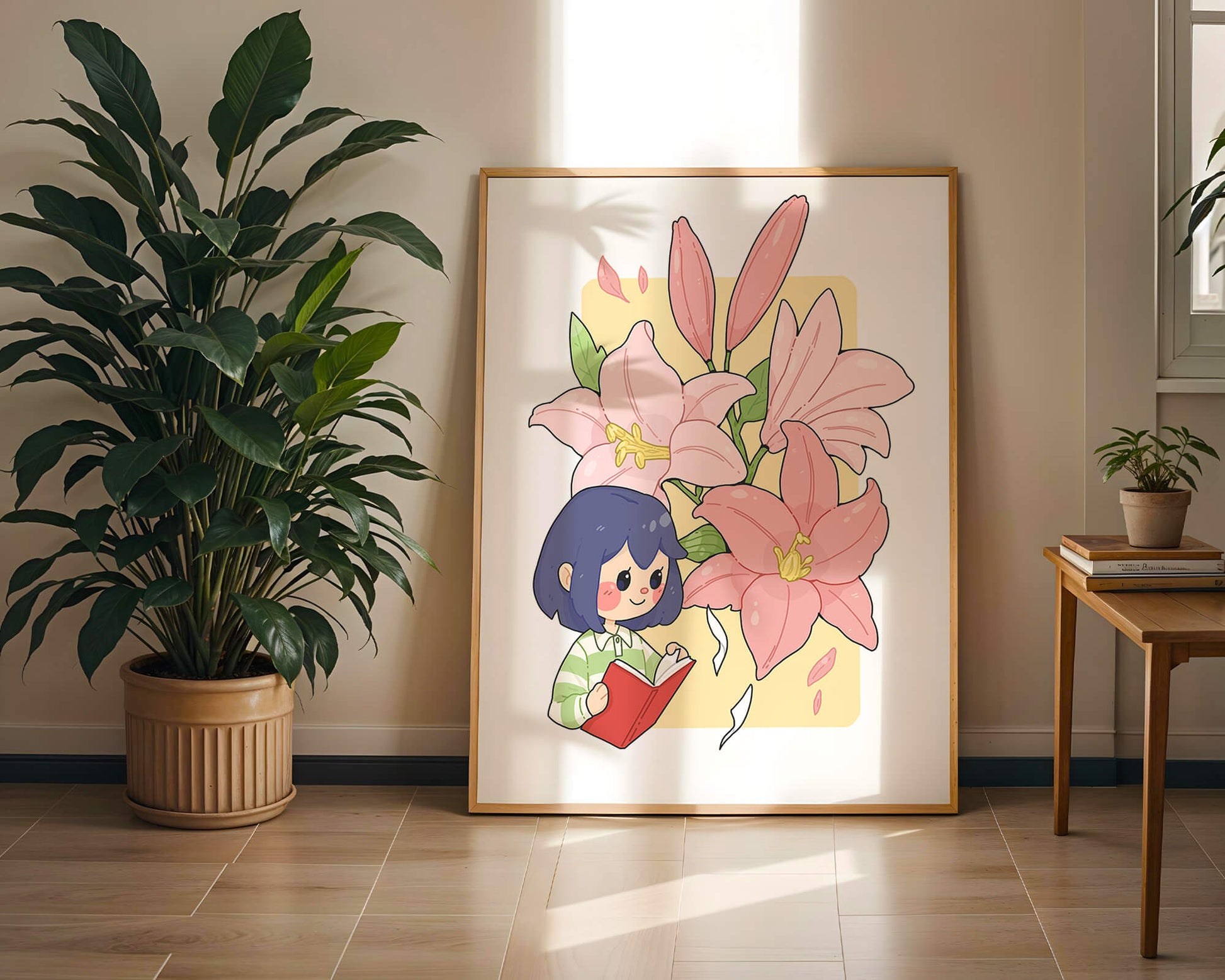 Illustration of a girl reading with large pink lilies in the background
