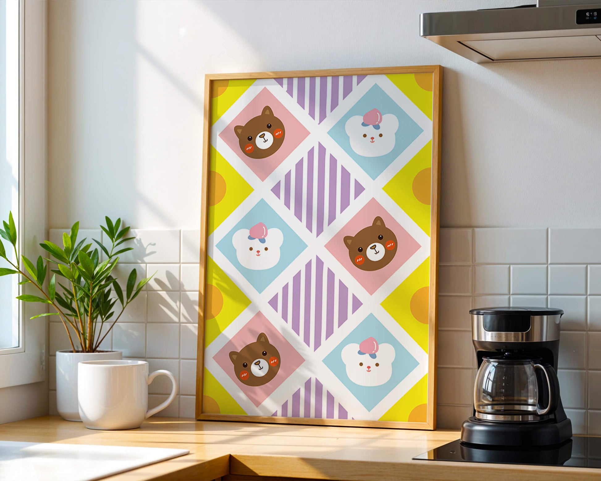 Playful geometric bear and colorful pattern for children's room decor