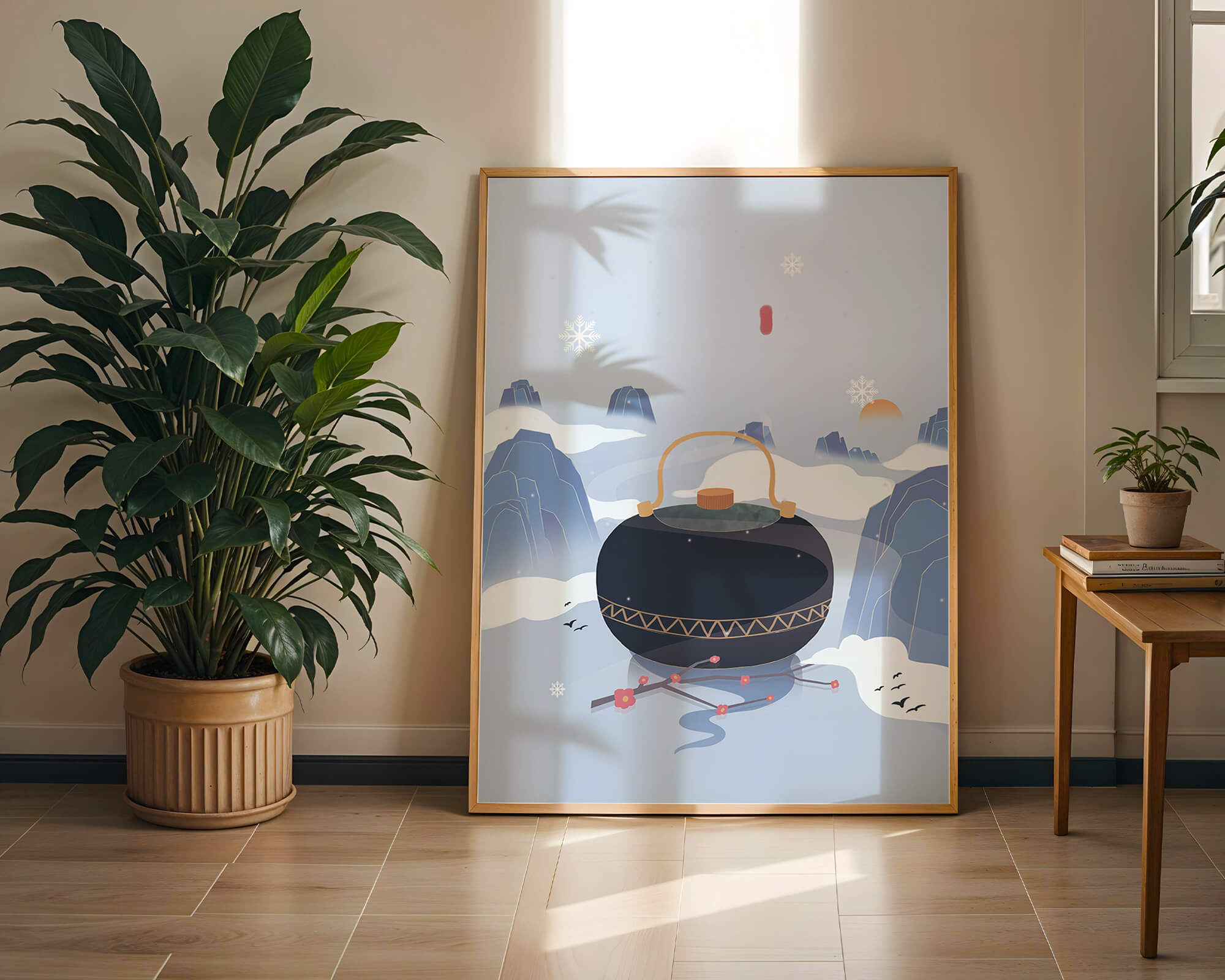 Peaceful winter landscape with kettle and cherry blossoms