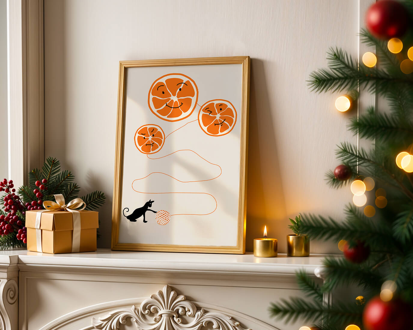 Playful illustration of oranges with cat and yarn