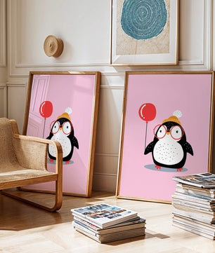 Ilustración adorable de un pingüino con globo y gafas