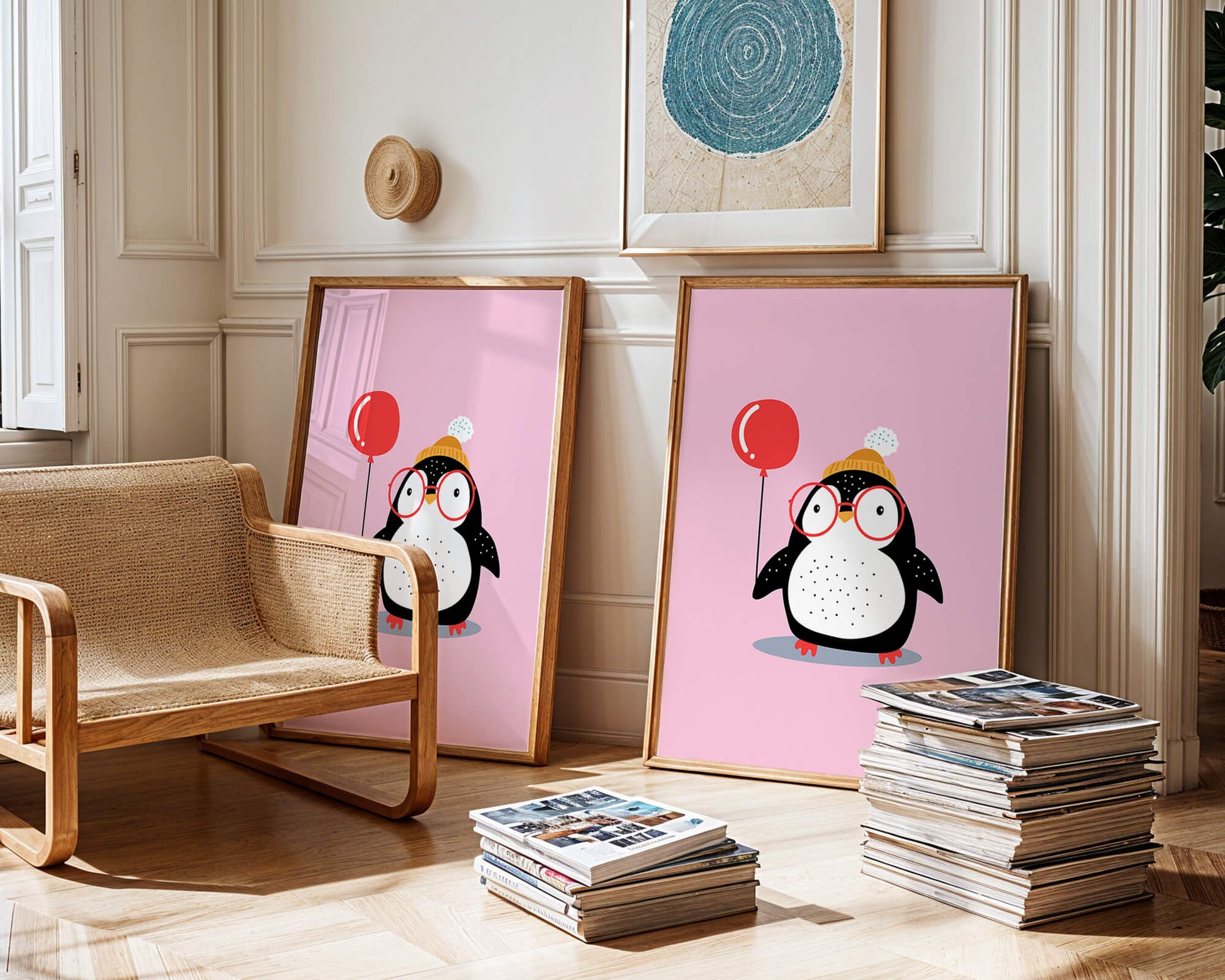 Adorable penguin with balloon and glasses illustration