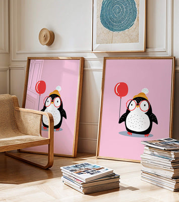 Adorable penguin with balloon and glasses illustration