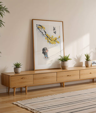 Charming illustration of a child gazing at birds and yellow blossoms