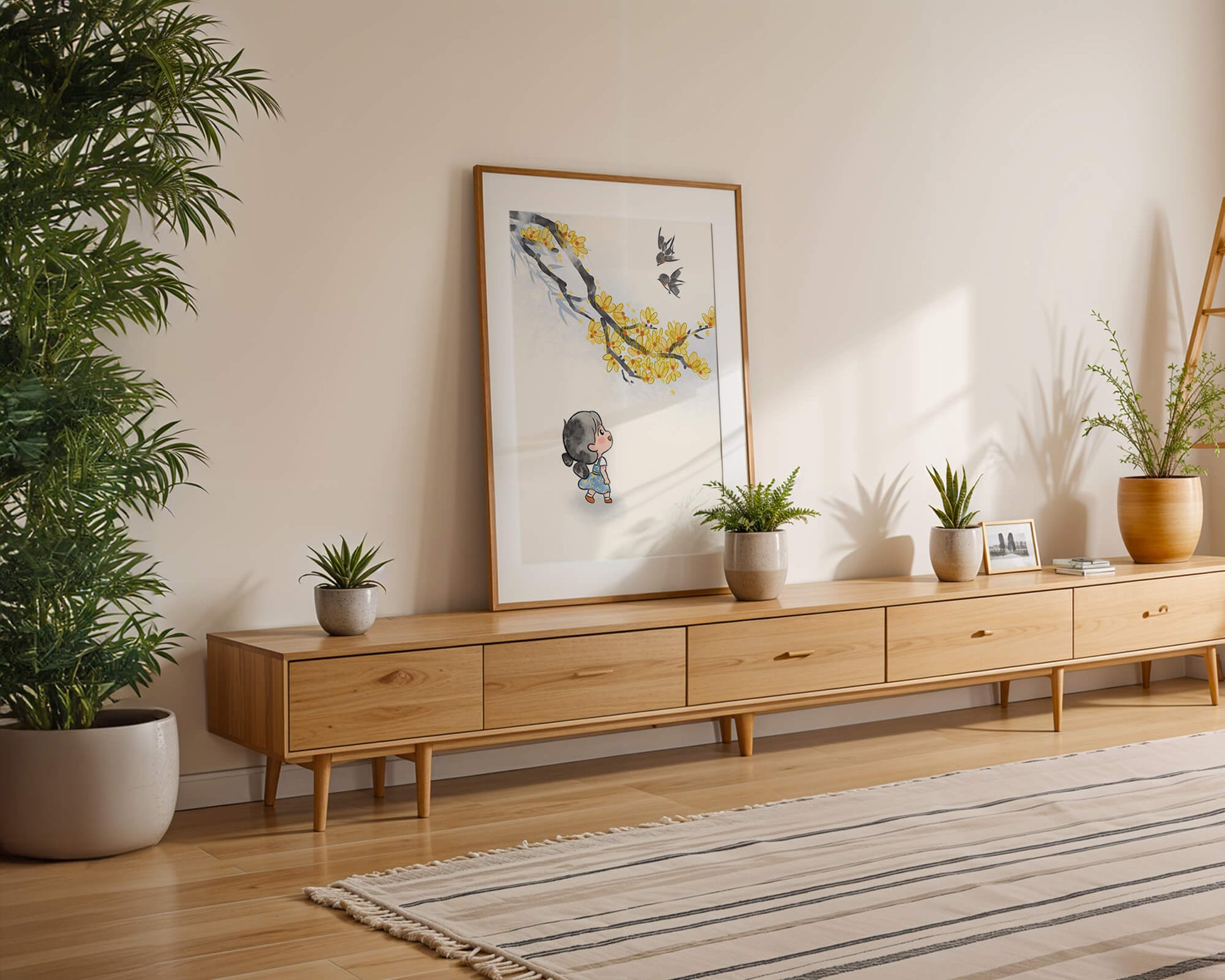 Charming illustration of a child gazing at birds and yellow blossoms
