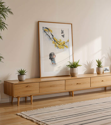 Charming illustration of a child gazing at birds and yellow blossoms