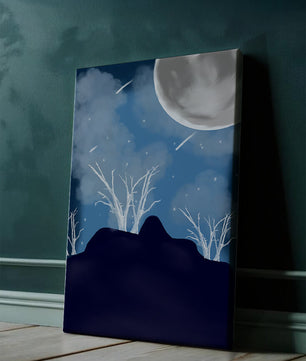 Paysage nocturne d'hiver avec arbres nus et pleine lune