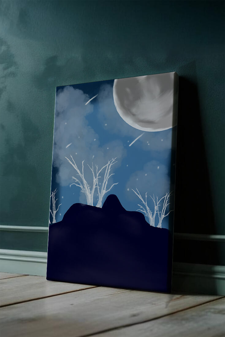 Winter Night Landscape with Bare Trees and Full Moon