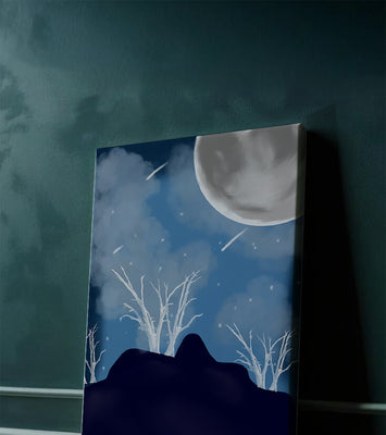 Winter Night Landscape with Bare Trees and Full Moon