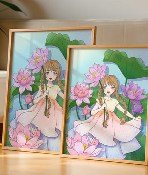 Illustration fantaisiste d'une jeune fille aux cheveux tressés parmi des fleurs de lotus