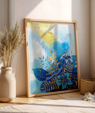 Floral illustration with blue leaves and golden accents on abstract background