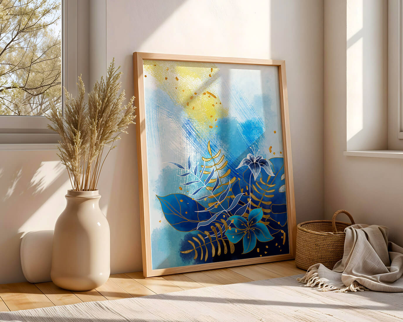 Floral illustration with blue leaves and golden accents on abstract background