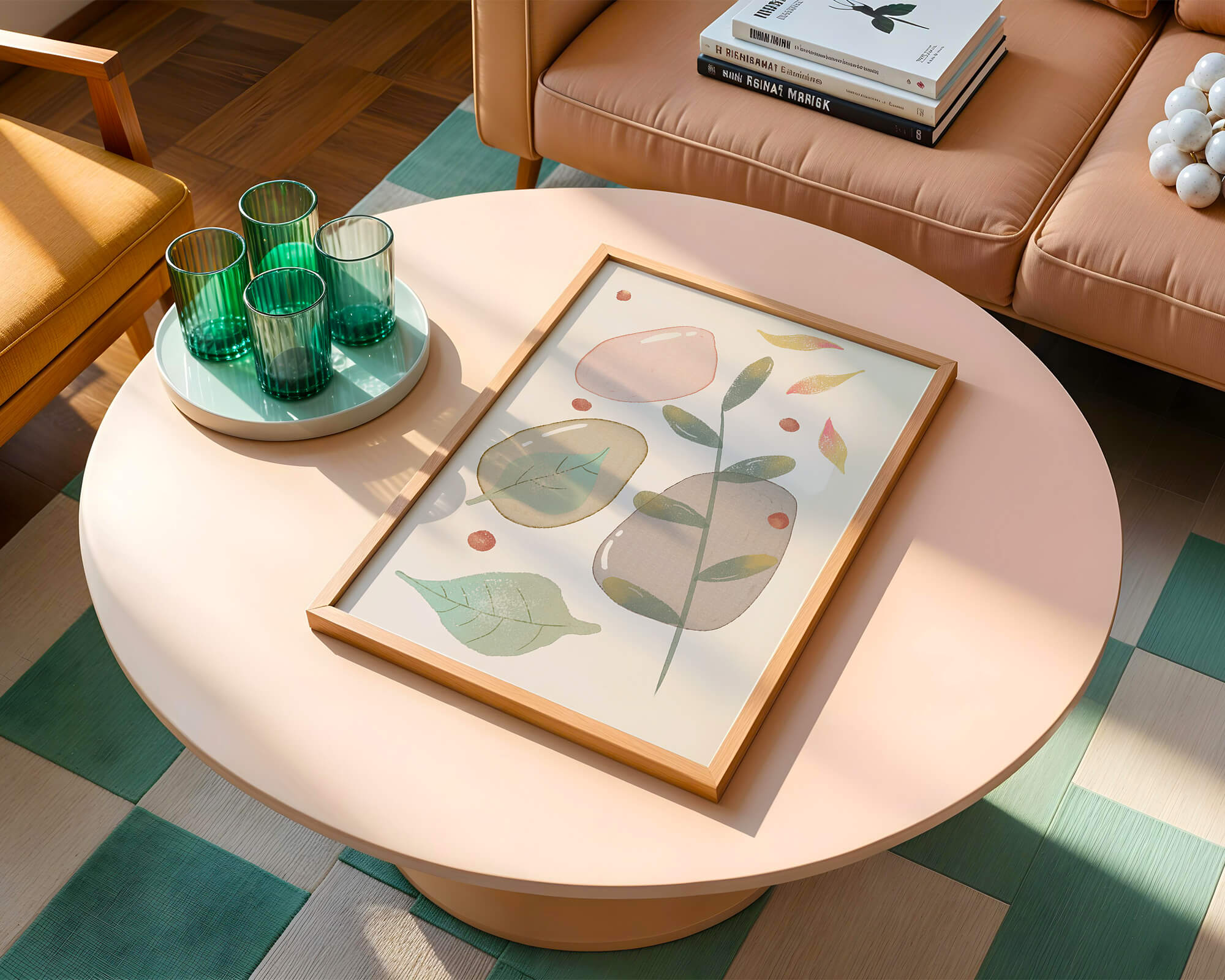 Abstract botanical illustration with pastel colored leaves and shapes