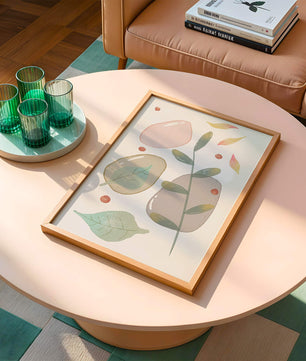 Abstract botanical illustration with pastel colored leaves and shapes