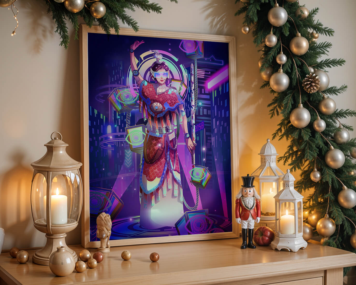 Futuristic warrior in vibrant neon cityscape with digital elements