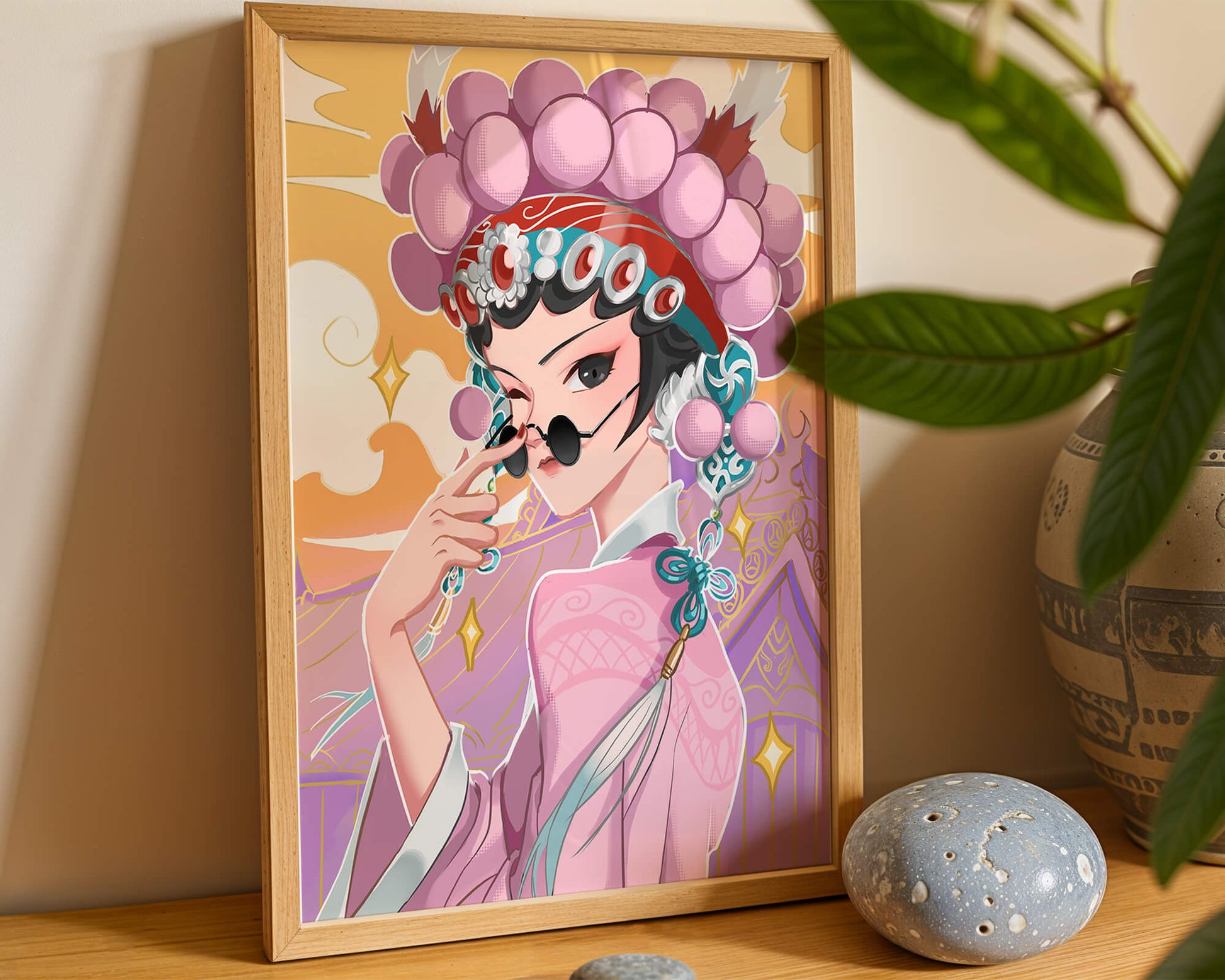 Elegant anime character in traditional attire with golden accents