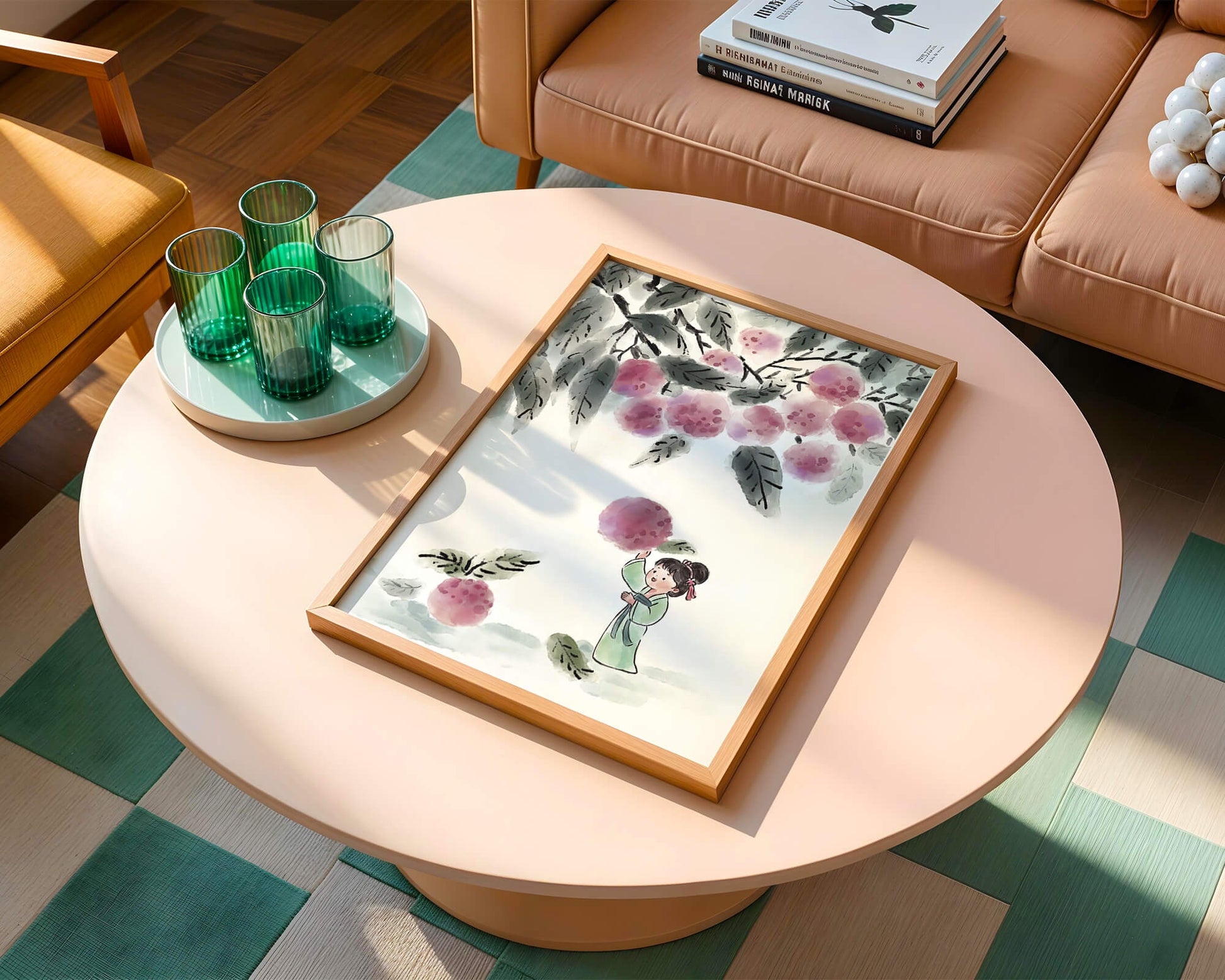 Ilustración encantadora de un niño con ropa tradicional, bayas vibrantes y hojas exuberantes