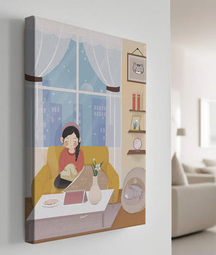 Cozy living room with a girl and a dog on a yellow sofa