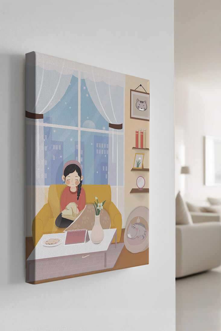 Cozy living room with a girl and a dog on a yellow sofa