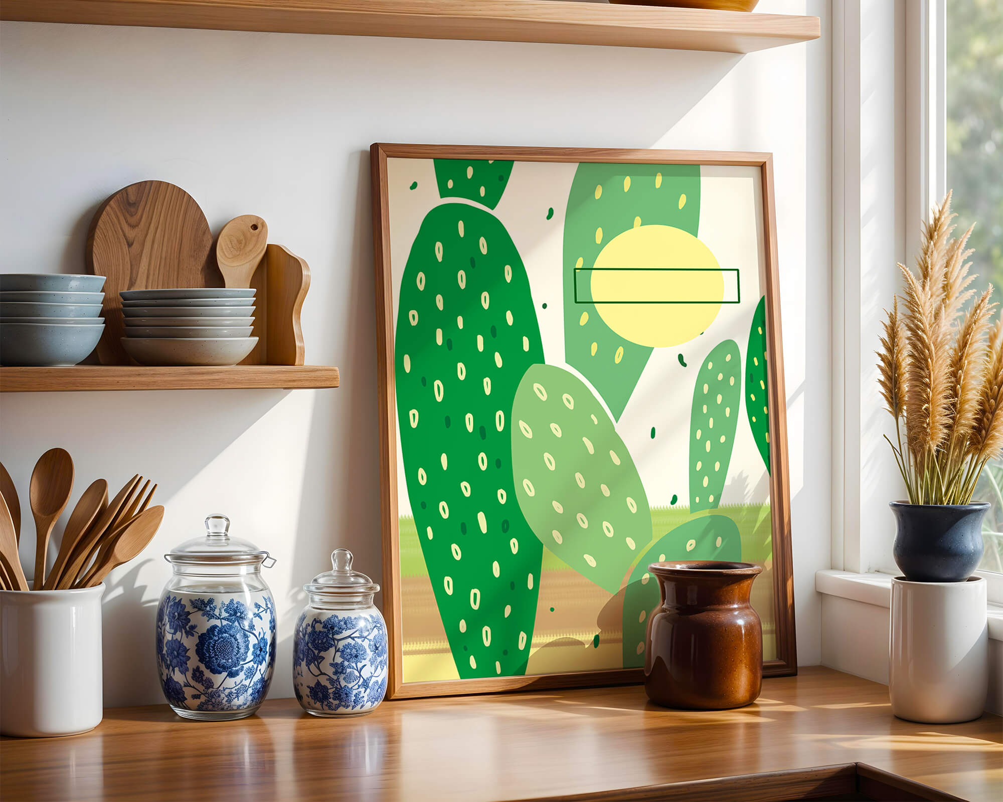 Abstract cactus art with green and yellow elements