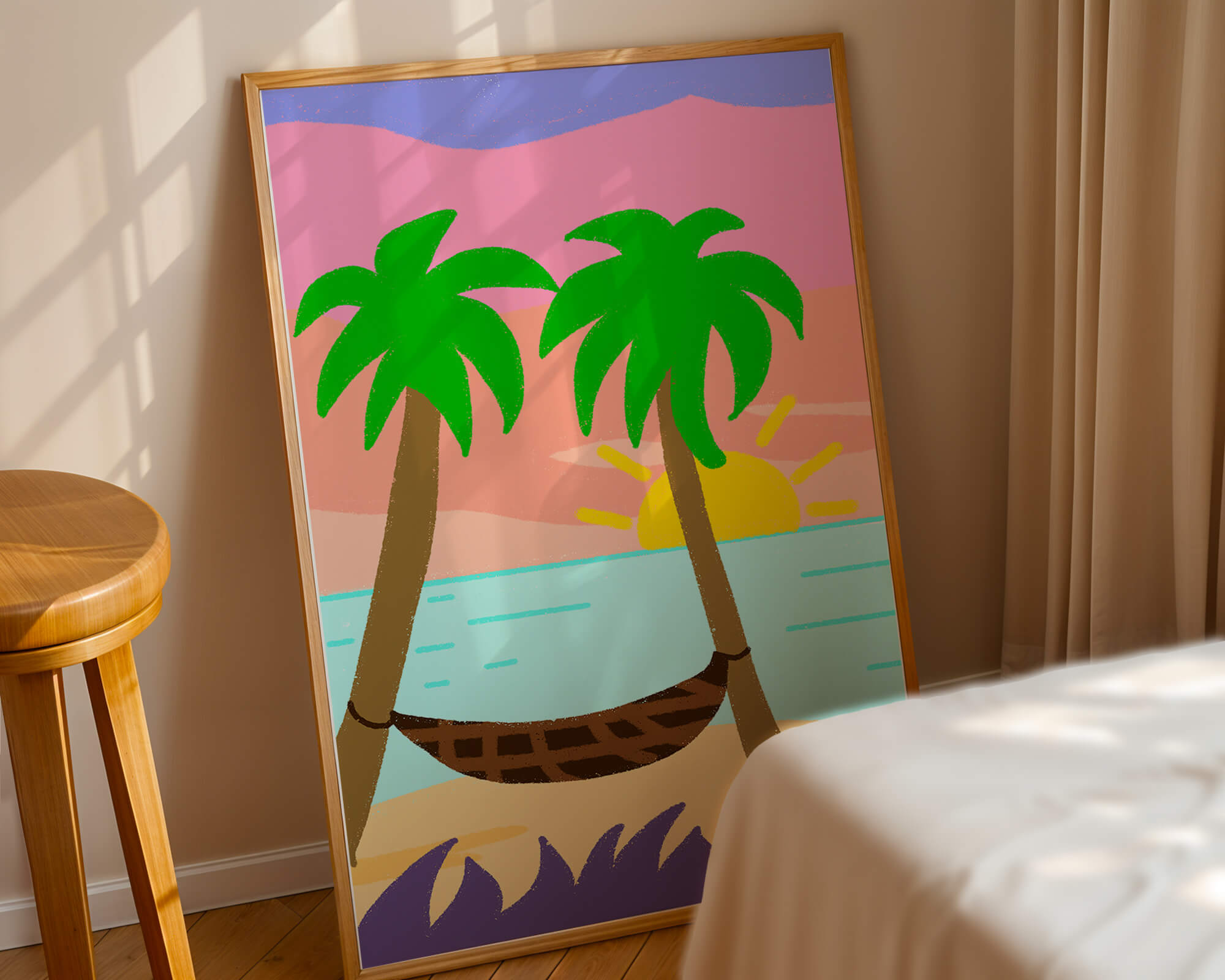 Tranquil beach scene with hammock and sunset