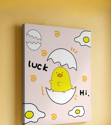 Chick hatching from an egg with cheerful expressions and fried egg motifs