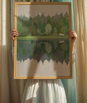 Forest landscape with a white horse and reflection in a tranquil pond